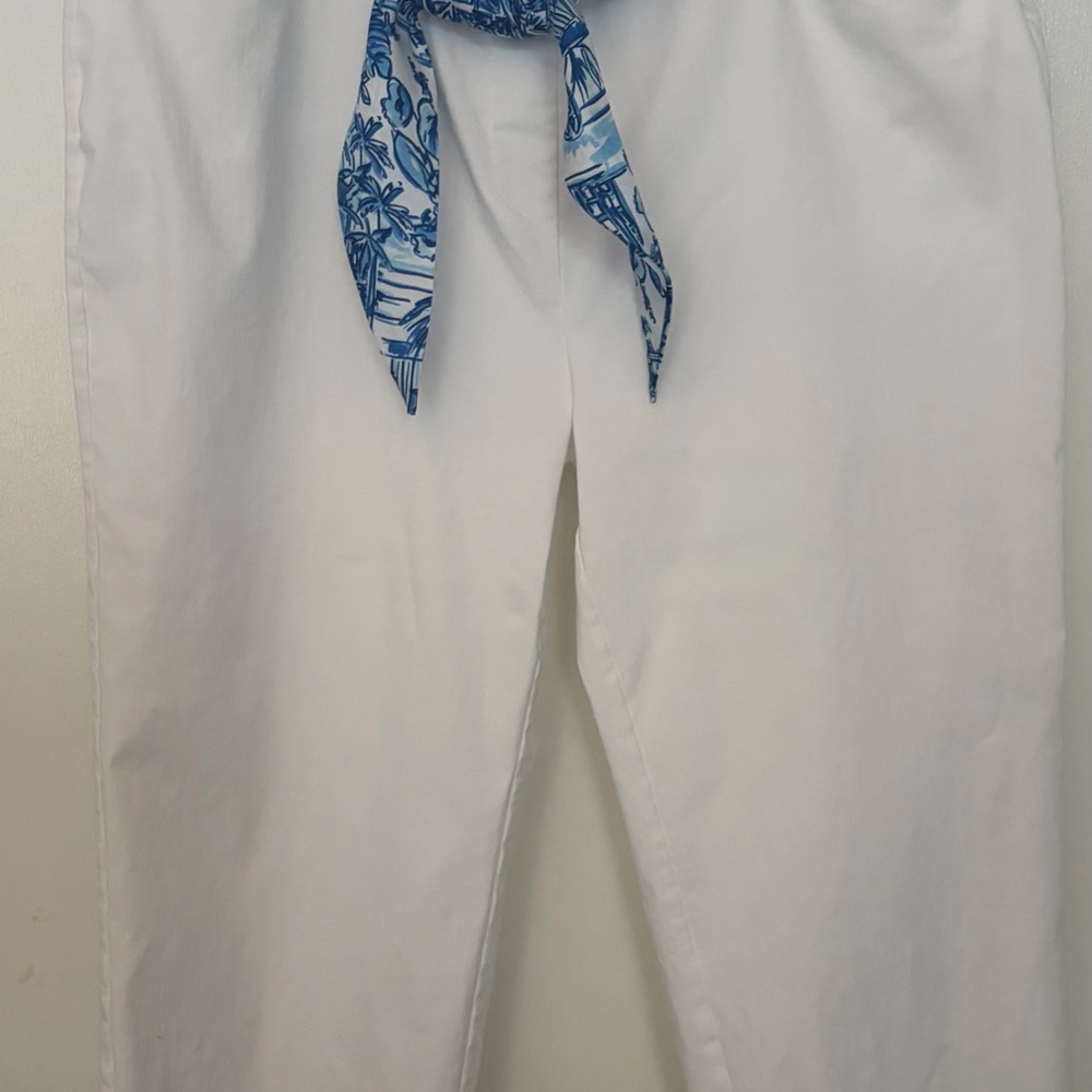 Women's White Cropped Pants with Blue Scarf Tie